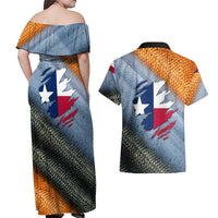 Custom Texas Flag Couples Matching Off Shoulder Maxi Dress and Hawaiian Shirt with Ripped Effect and Fish Scale Pattern - Wonder Print Shop
