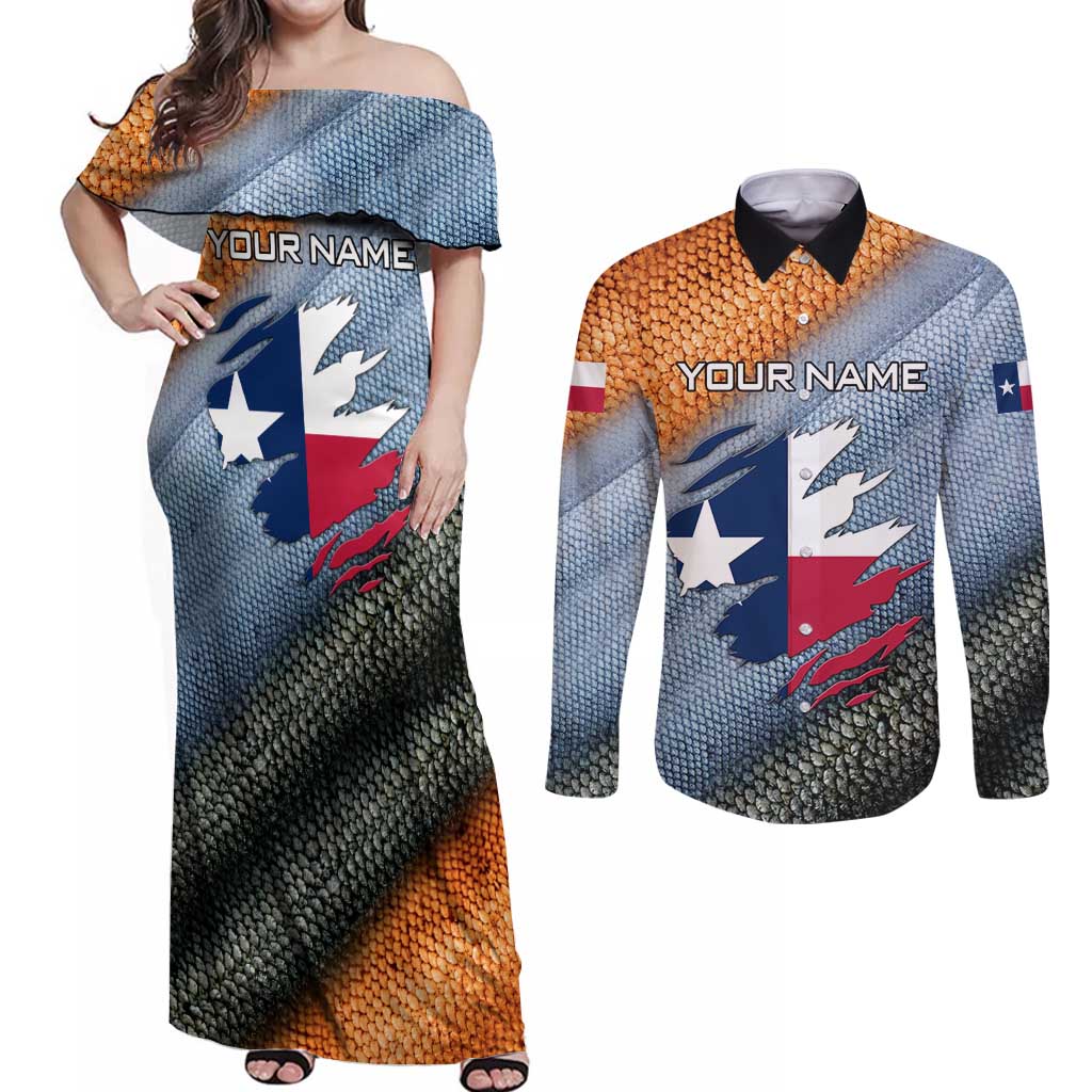 Custom Texas Flag Couples Matching Off Shoulder Maxi Dress and Long Sleeve Button Shirt with Ripped Effect and Fish Scale Pattern - Wonder Print Shop
