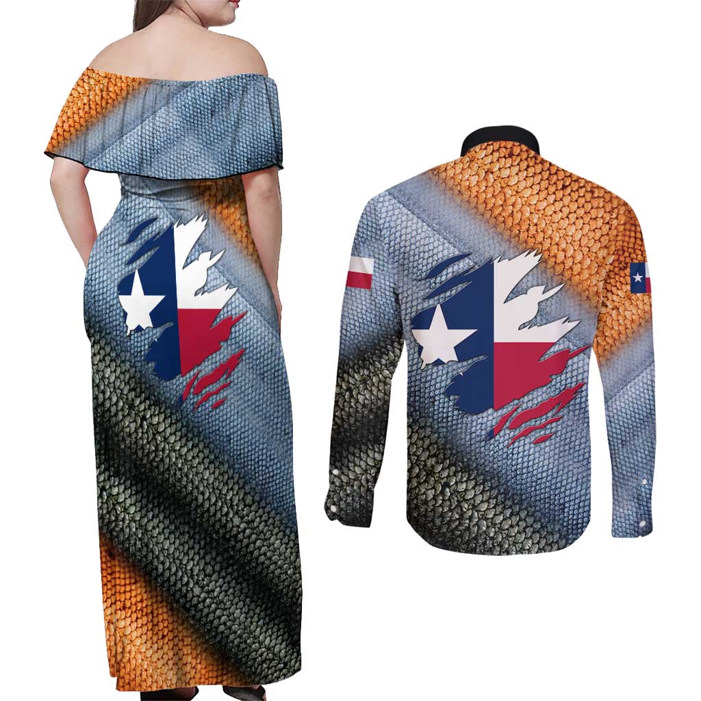 Custom Texas Flag Couples Matching Off Shoulder Maxi Dress and Long Sleeve Button Shirt with Ripped Effect and Fish Scale Pattern - Wonder Print Shop