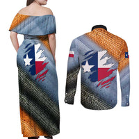 Custom Texas Flag Couples Matching Off Shoulder Maxi Dress and Long Sleeve Button Shirt with Ripped Effect and Fish Scale Pattern - Wonder Print Shop