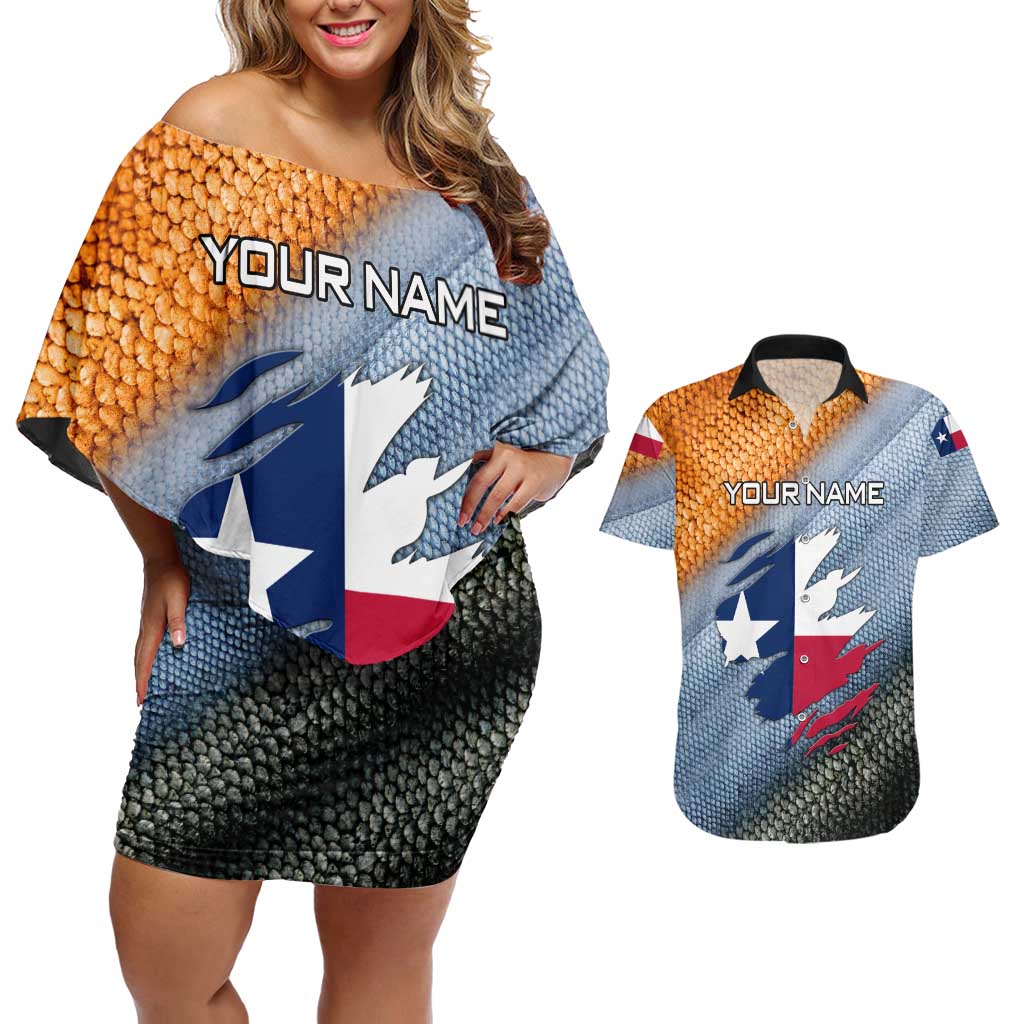 Custom Texas Flag Couples Matching Off Shoulder Short Dress and Hawaiian Shirt with Ripped Effect and Fish Scale Pattern - Wonder Print Shop