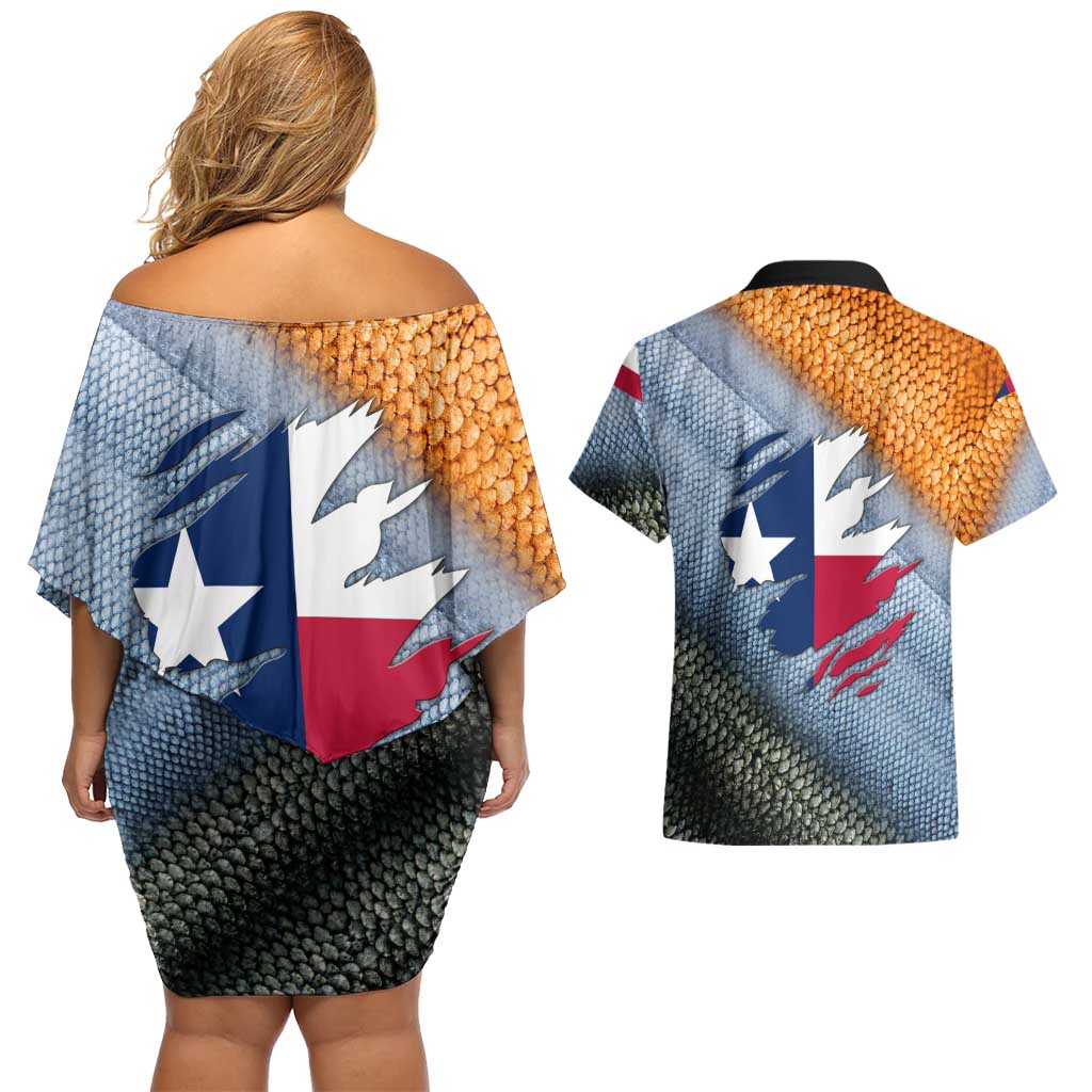 Custom Texas Flag Couples Matching Off Shoulder Short Dress and Hawaiian Shirt with Ripped Effect and Fish Scale Pattern - Wonder Print Shop