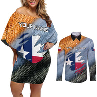 Custom Texas Flag Couples Matching Off Shoulder Short Dress and Long Sleeve Button Shirt with Ripped Effect and Fish Scale Pattern - Wonder Print Shop