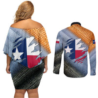 Custom Texas Flag Couples Matching Off Shoulder Short Dress and Long Sleeve Button Shirt with Ripped Effect and Fish Scale Pattern - Wonder Print Shop