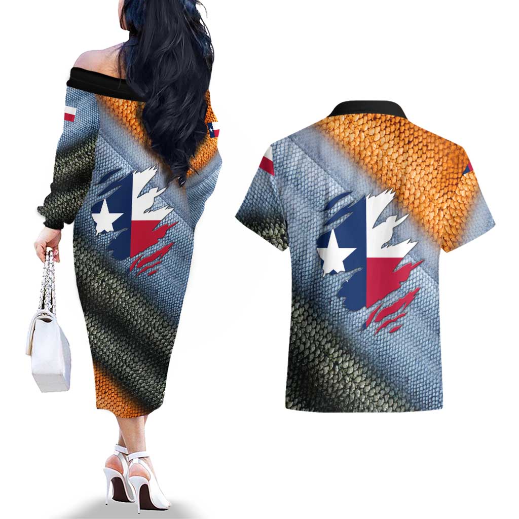 Custom Texas Flag Couples Matching Off The Shoulder Long Sleeve Dress and Hawaiian Shirt with Ripped Effect and Fish Scale Pattern - Wonder Print Shop
