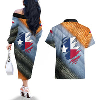 Custom Texas Flag Couples Matching Off The Shoulder Long Sleeve Dress and Hawaiian Shirt with Ripped Effect and Fish Scale Pattern - Wonder Print Shop