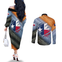 Custom Texas Flag Couples Matching Off The Shoulder Long Sleeve Dress and Long Sleeve Button Shirt with Ripped Effect and Fish Scale Pattern - Wonder Print Shop