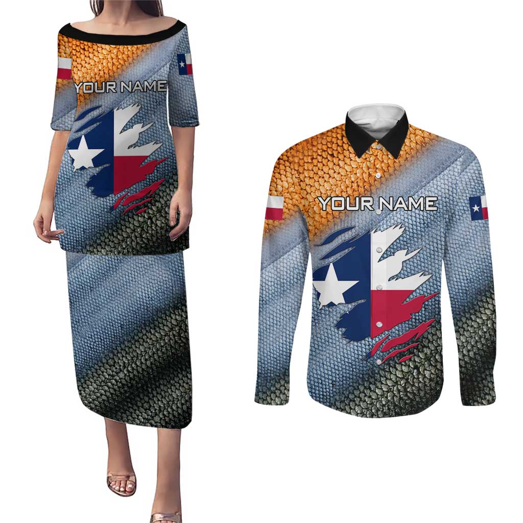 Custom Texas Flag Couples Matching Puletasi and Long Sleeve Button Shirt with Ripped Effect and Fish Scale Pattern - Wonder Print Shop