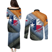 Custom Texas Flag Couples Matching Puletasi and Long Sleeve Button Shirt with Ripped Effect and Fish Scale Pattern - Wonder Print Shop