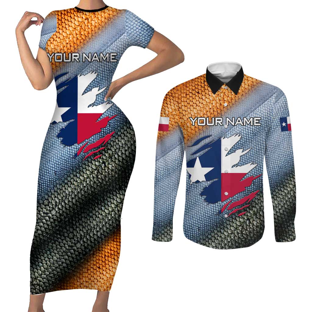 Custom Texas Flag Couples Matching Short Sleeve Bodycon Dress and Long Sleeve Button Shirt with Ripped Effect and Fish Scale Pattern - Wonder Print Shop
