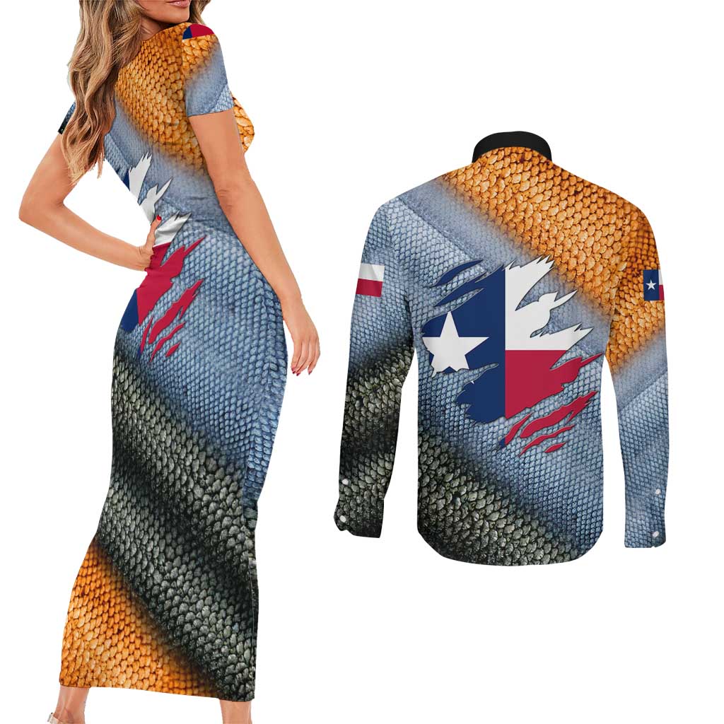 Custom Texas Flag Couples Matching Short Sleeve Bodycon Dress and Long Sleeve Button Shirt with Ripped Effect and Fish Scale Pattern - Wonder Print Shop