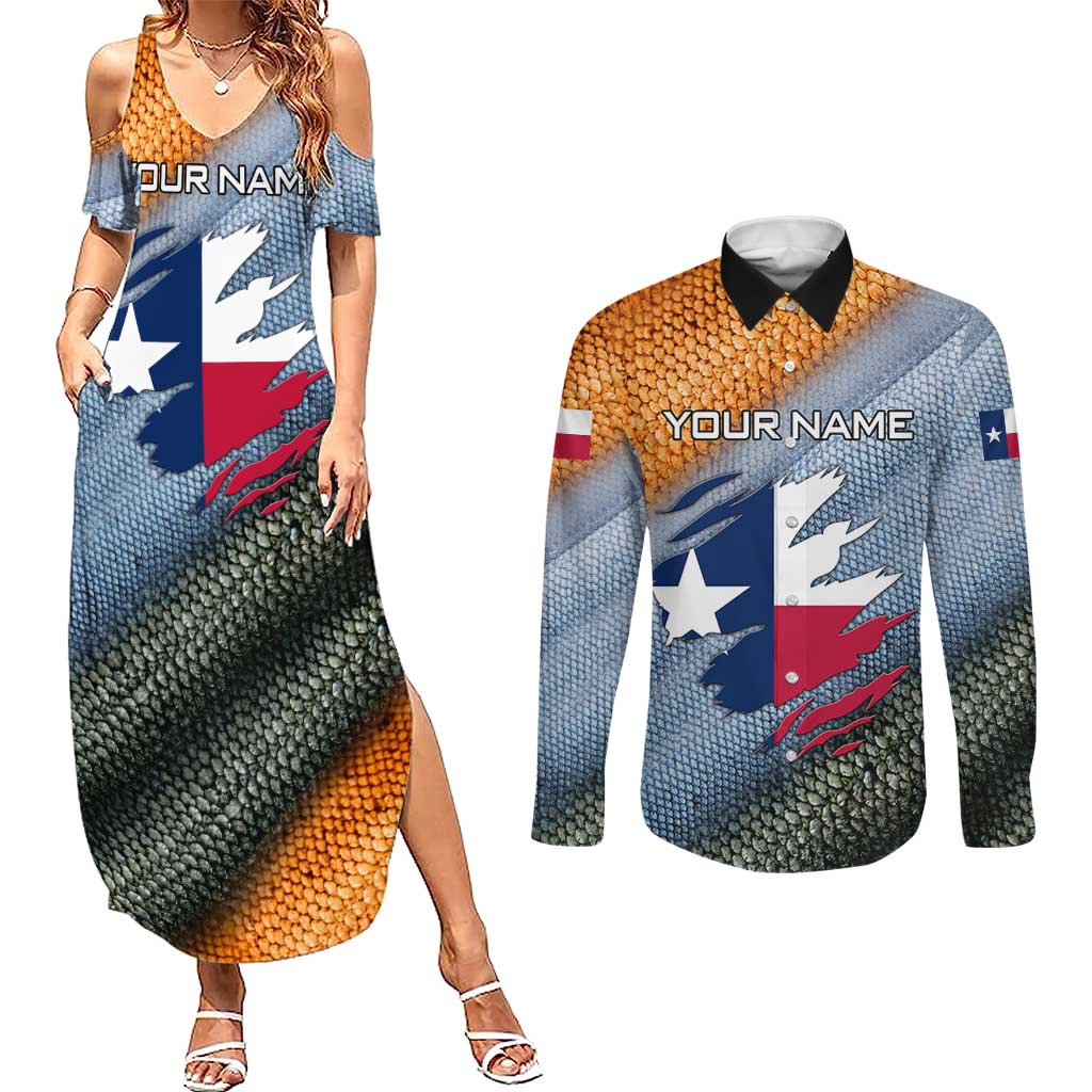 Custom Texas Flag Couples Matching Summer Maxi Dress and Long Sleeve Button Shirt with Ripped Effect and Fish Scale Pattern - Wonder Print Shop