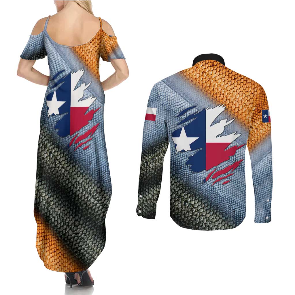 Custom Texas Flag Couples Matching Summer Maxi Dress and Long Sleeve Button Shirt with Ripped Effect and Fish Scale Pattern - Wonder Print Shop