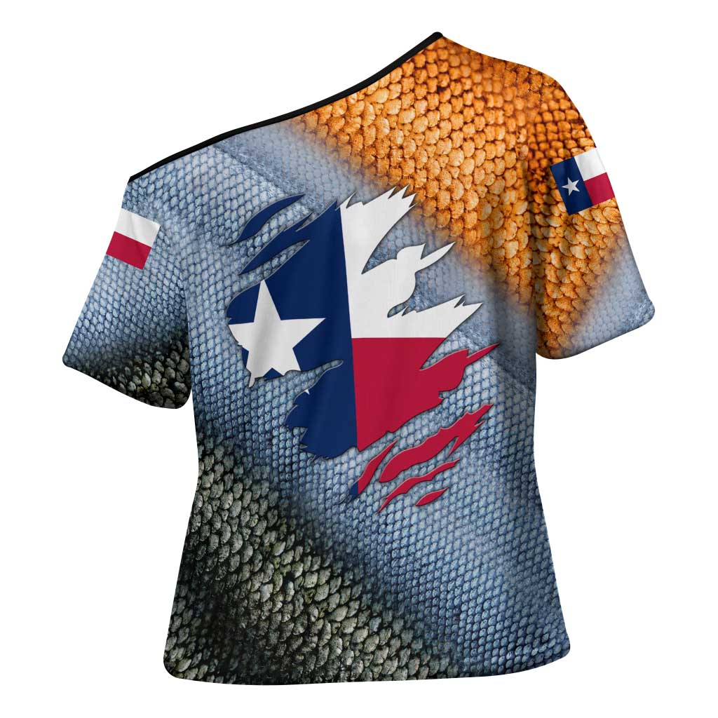 Custom Texas Flag Cross Shoulder Shirt with Ripped Effect and Fish Scale Pattern - Wonder Print Shop