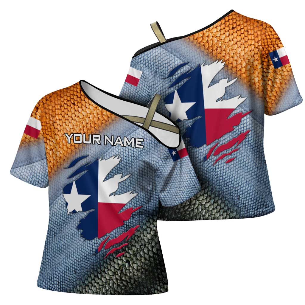 Custom Texas Flag Cross Shoulder Shirt with Ripped Effect and Fish Scale Pattern - Wonder Print Shop