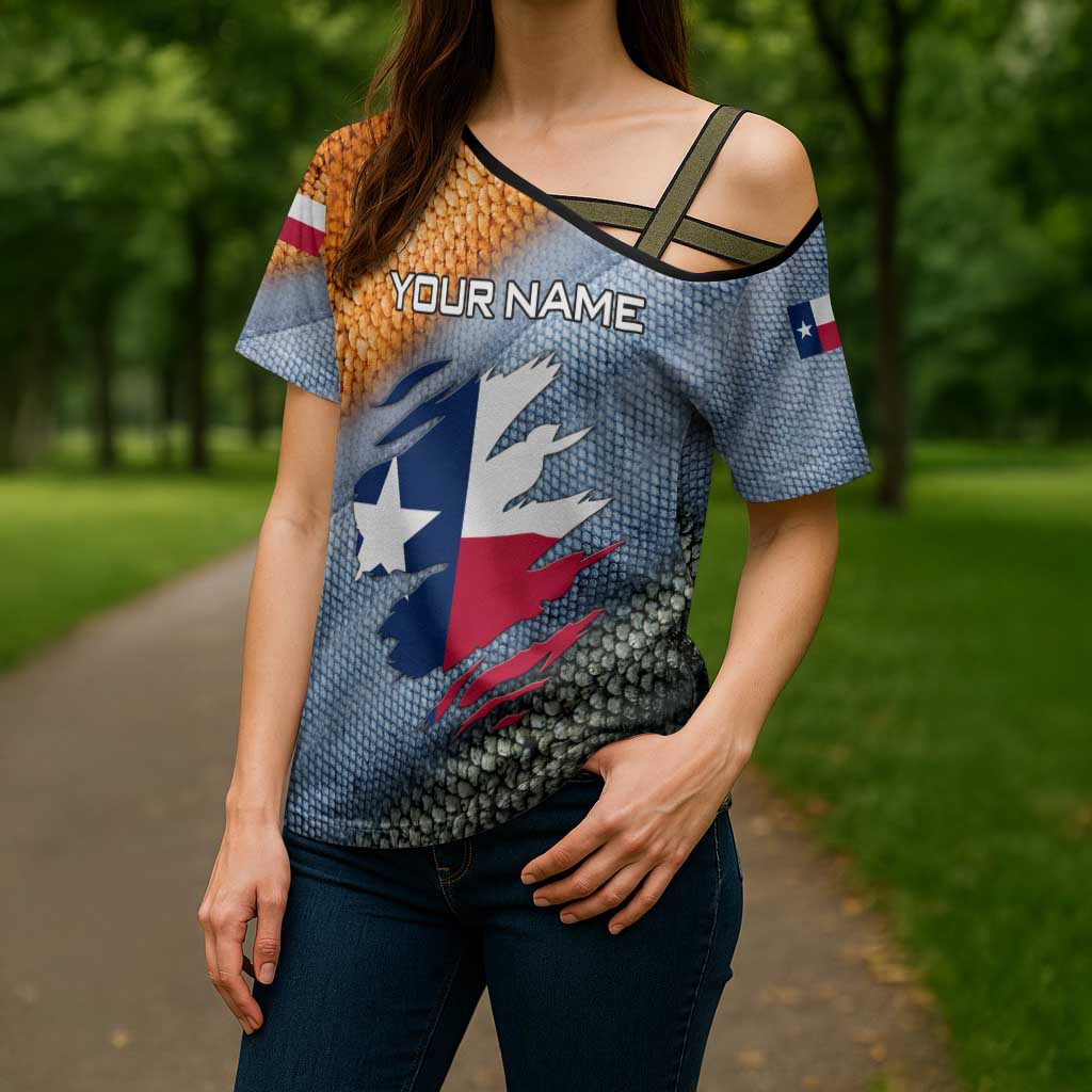 Custom Texas Flag Cross Shoulder Shirt with Ripped Effect and Fish Scale Pattern - Wonder Print Shop