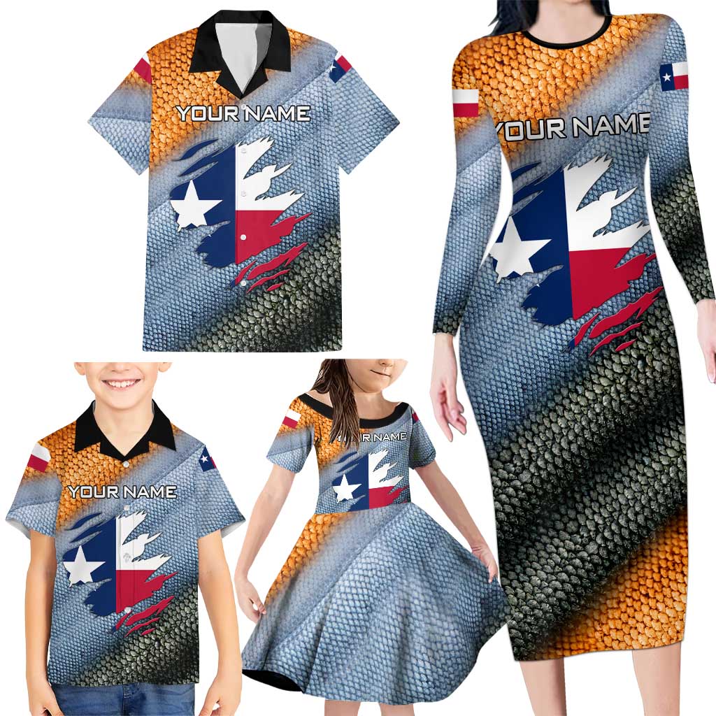 Custom Texas Flag Family Matching Long Sleeve Bodycon Dress and Hawaiian Shirt with Ripped Effect and Fish Scale Pattern - Wonder Print Shop