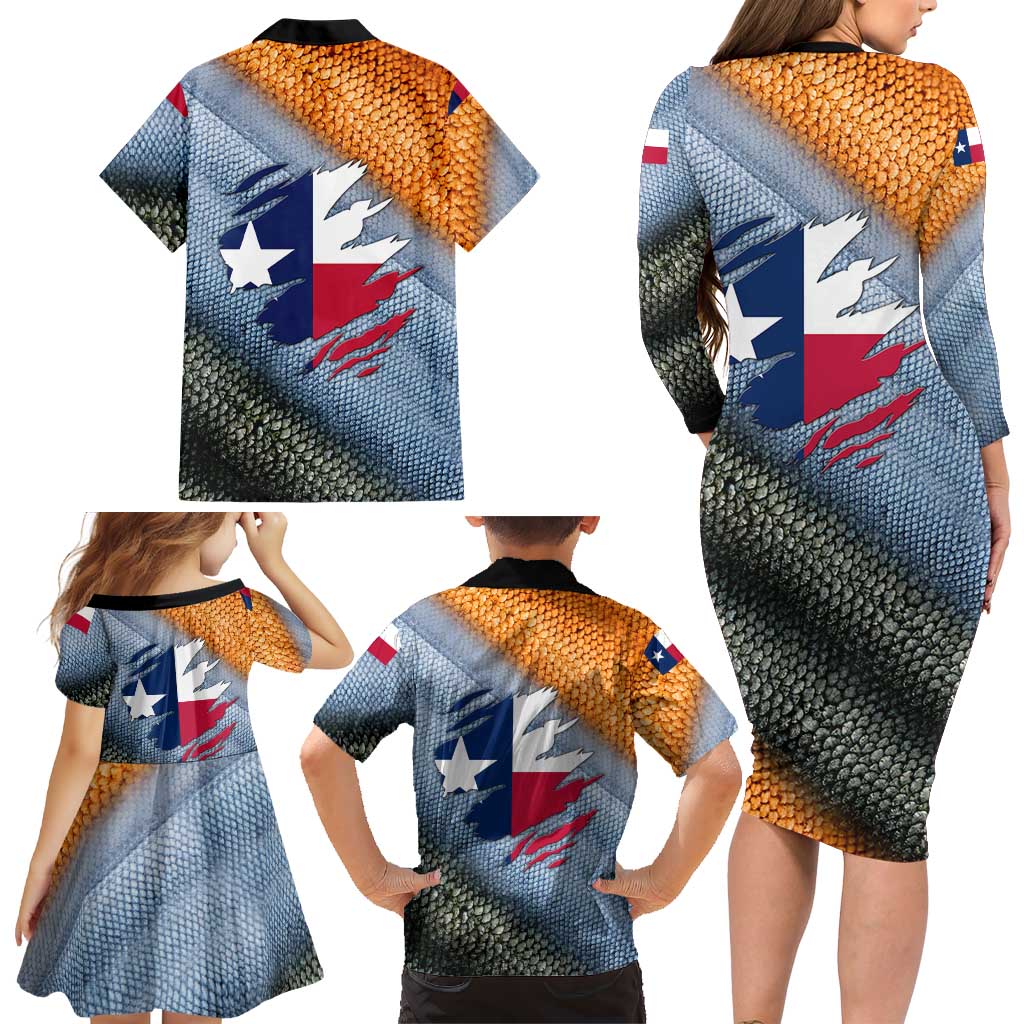 Custom Texas Flag Family Matching Long Sleeve Bodycon Dress and Hawaiian Shirt with Ripped Effect and Fish Scale Pattern - Wonder Print Shop