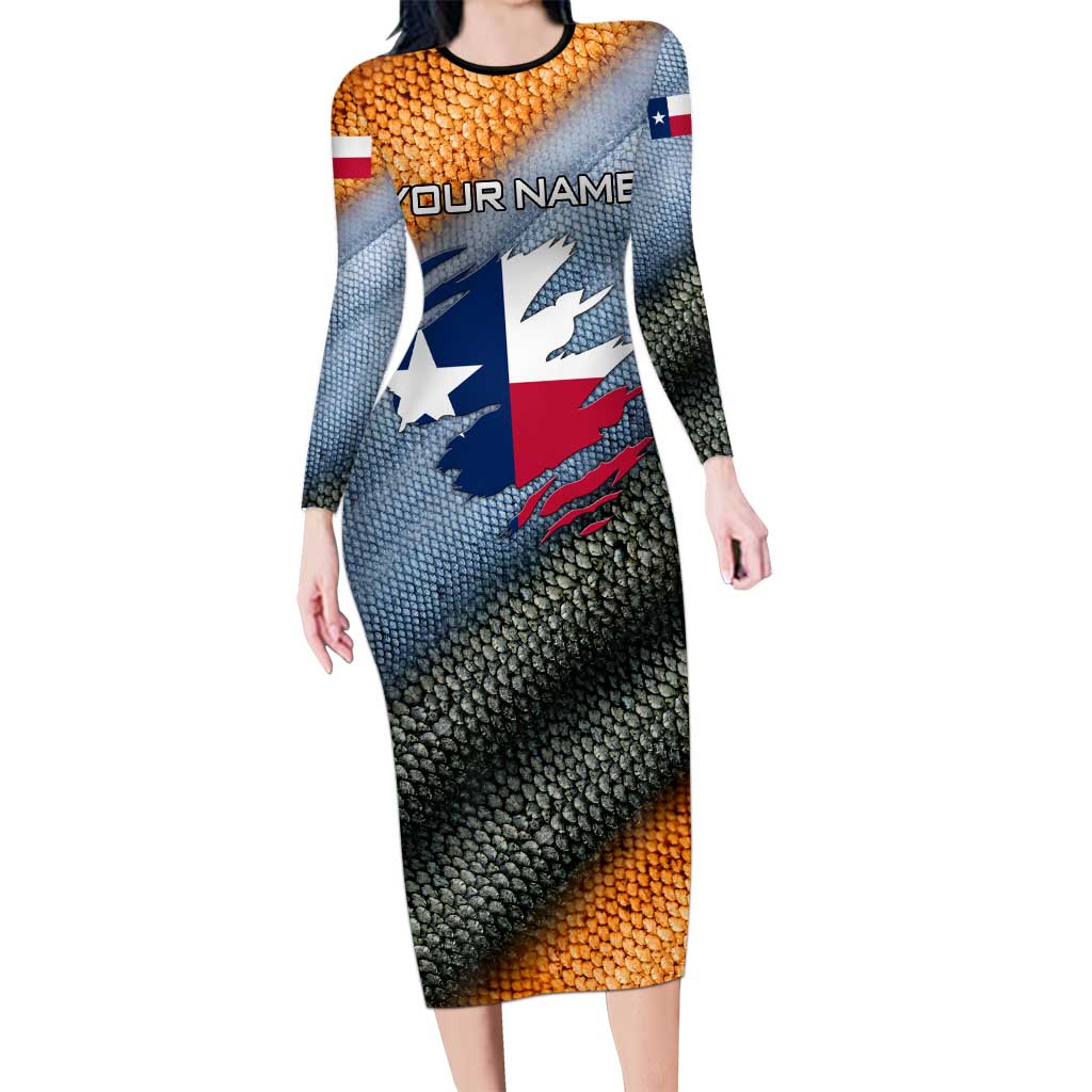 Custom Texas Flag Family Matching Long Sleeve Bodycon Dress and Hawaiian Shirt with Ripped Effect and Fish Scale Pattern - Wonder Print Shop