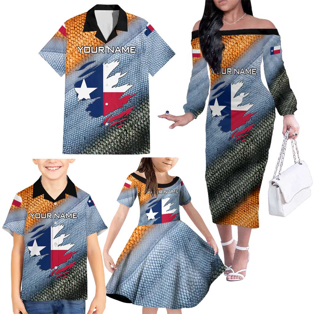 Custom Texas Flag Family Matching Off The Shoulder Long Sleeve Dress and Hawaiian Shirt with Ripped Effect and Fish Scale Pattern - Wonder Print Shop