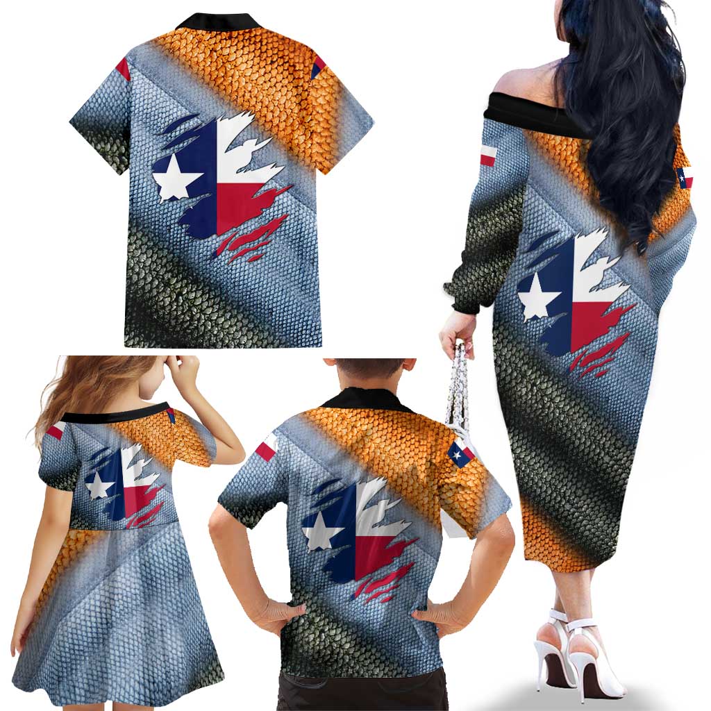 Custom Texas Flag Family Matching Off The Shoulder Long Sleeve Dress and Hawaiian Shirt with Ripped Effect and Fish Scale Pattern - Wonder Print Shop