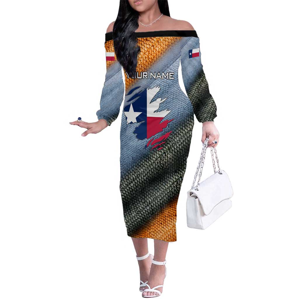 Custom Texas Flag Family Matching Off The Shoulder Long Sleeve Dress and Hawaiian Shirt with Ripped Effect and Fish Scale Pattern - Wonder Print Shop