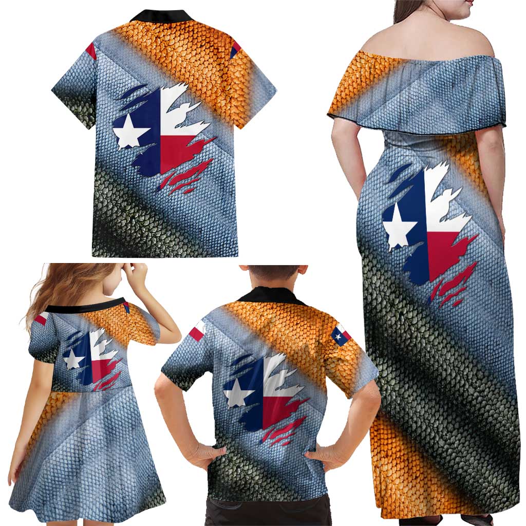 Custom Texas Flag Family Matching Off Shoulder Maxi Dress and Hawaiian Shirt with Ripped Effect and Fish Scale Pattern - Wonder Print Shop