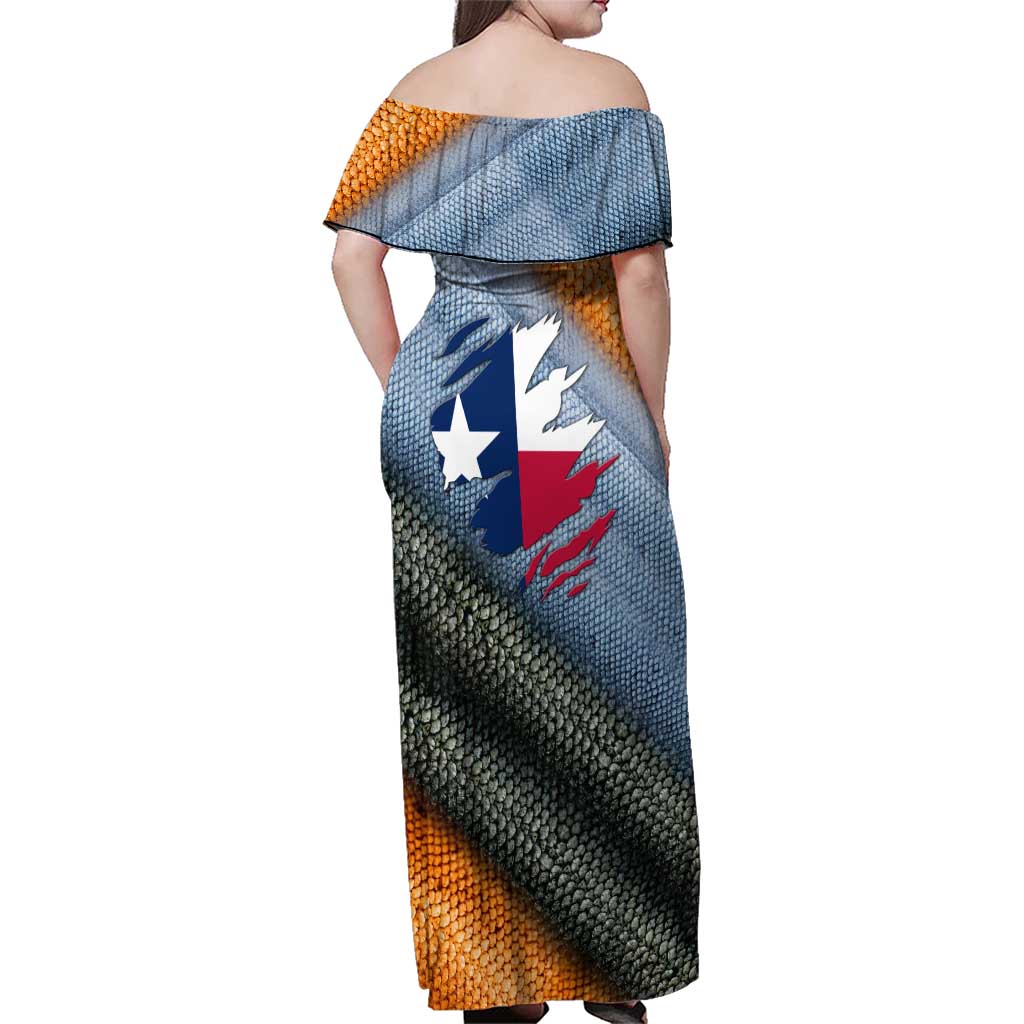 Custom Texas Flag Family Matching Off Shoulder Maxi Dress and Hawaiian Shirt with Ripped Effect and Fish Scale Pattern - Wonder Print Shop