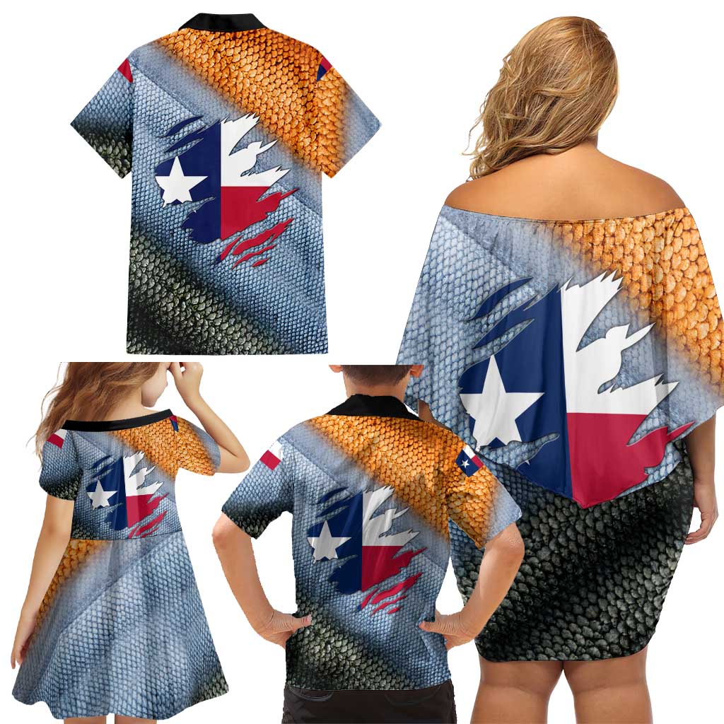Custom Texas Flag Family Matching Off Shoulder Short Dress and Hawaiian Shirt with Ripped Effect and Fish Scale Pattern - Wonder Print Shop