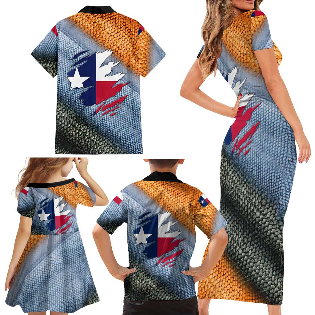 Custom Texas Flag Family Matching Short Sleeve Bodycon Dress and Hawaiian Shirt with Ripped Effect and Fish Scale Pattern - Wonder Print Shop