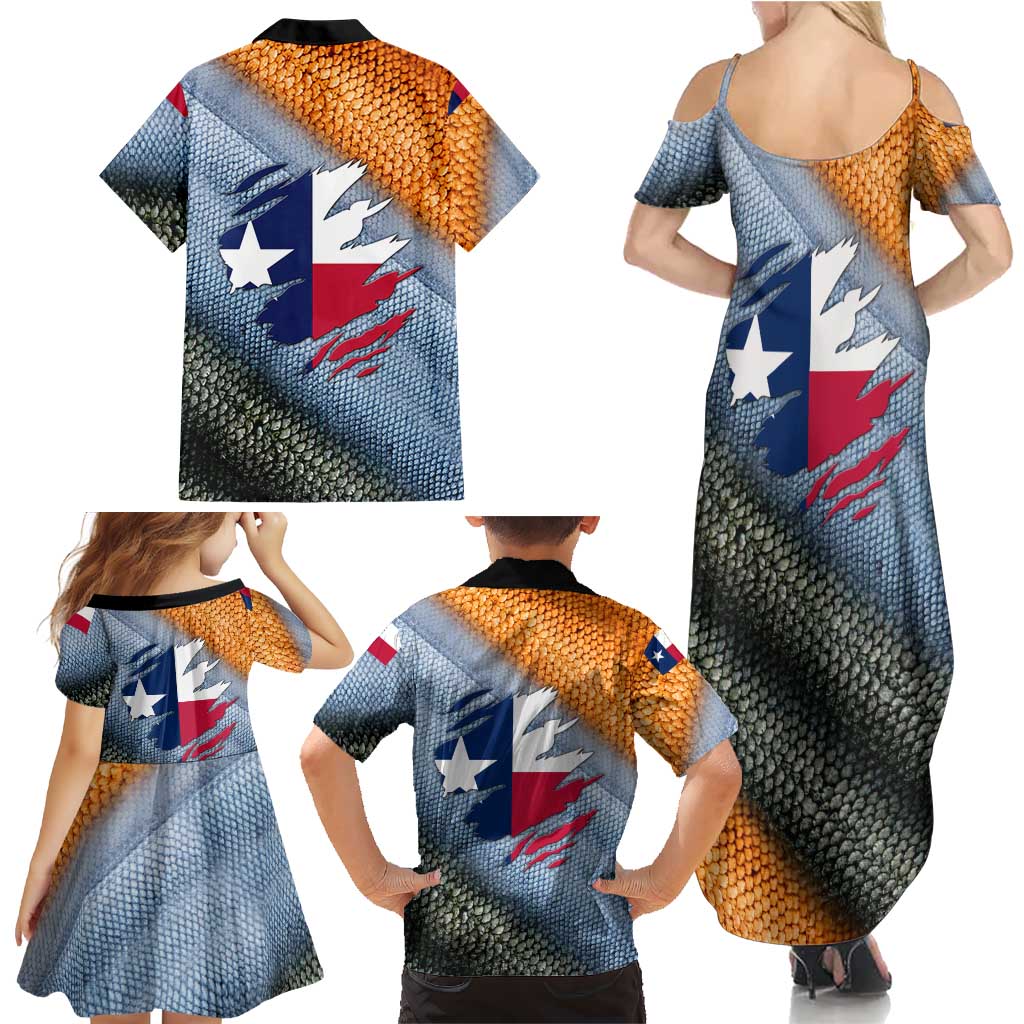 Custom Texas Flag Family Matching Summer Maxi Dress and Hawaiian Shirt with Ripped Effect and Fish Scale Pattern - Wonder Print Shop