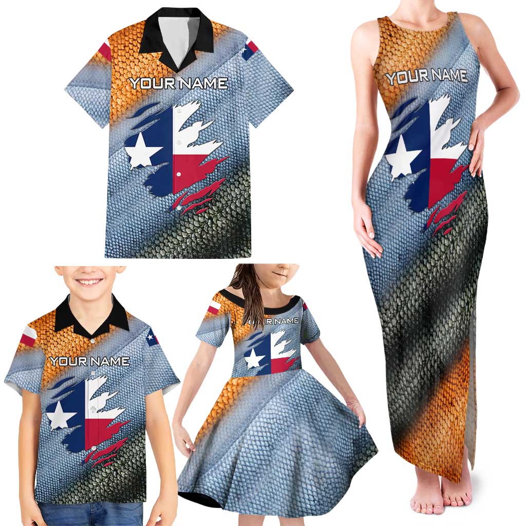 Custom Texas Flag Family Matching Tank Maxi Dress and Hawaiian Shirt with Ripped Effect and Fish Scale Pattern - Wonder Print Shop