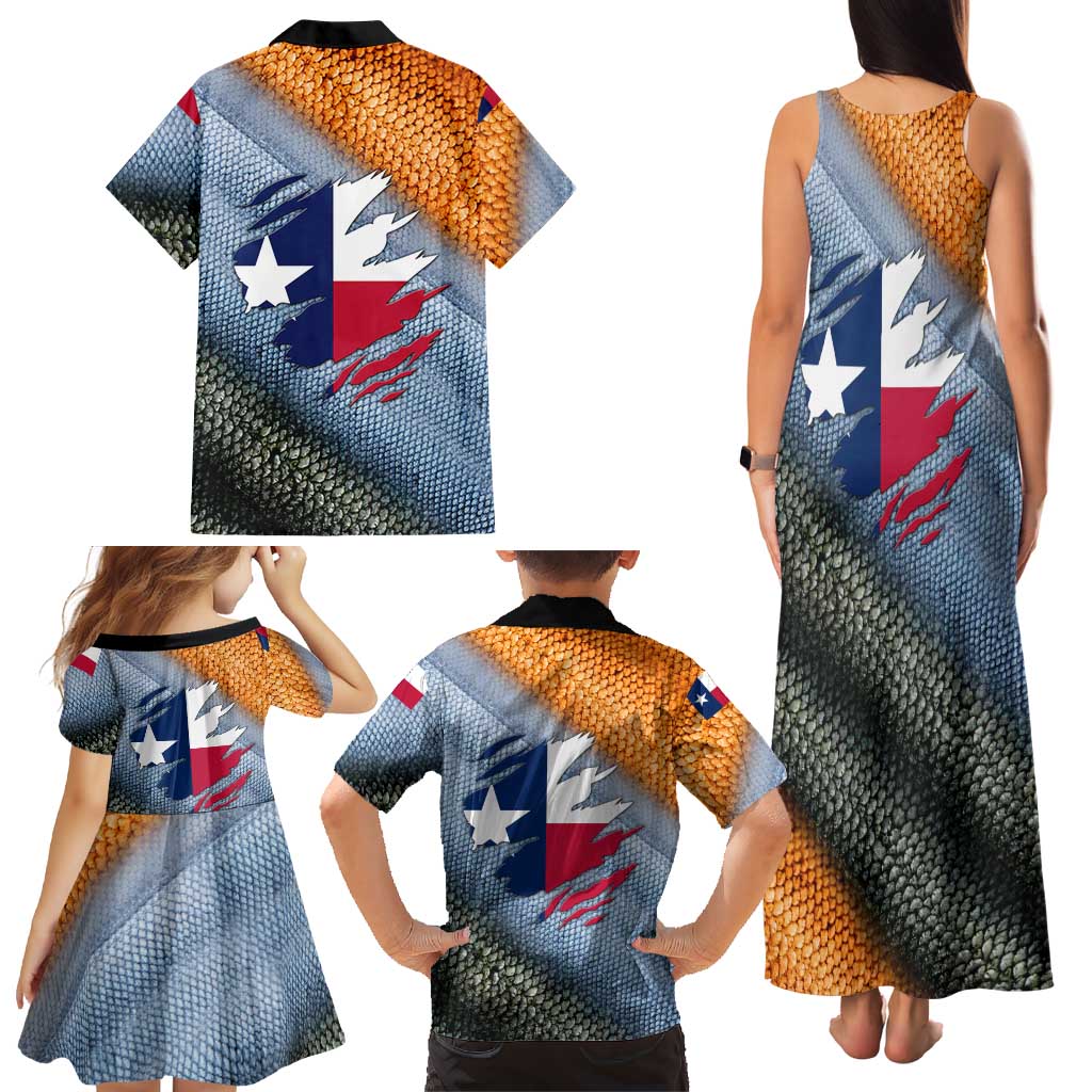Custom Texas Flag Family Matching Tank Maxi Dress and Hawaiian Shirt with Ripped Effect and Fish Scale Pattern - Wonder Print Shop