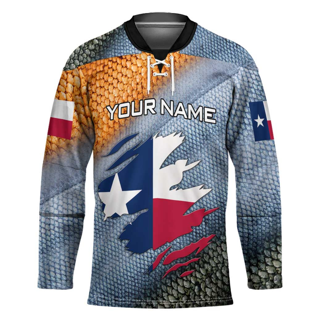 Custom Texas Flag Hockey Jersey with Ripped Effect and Fish Scale Pattern - Wonder Print Shop