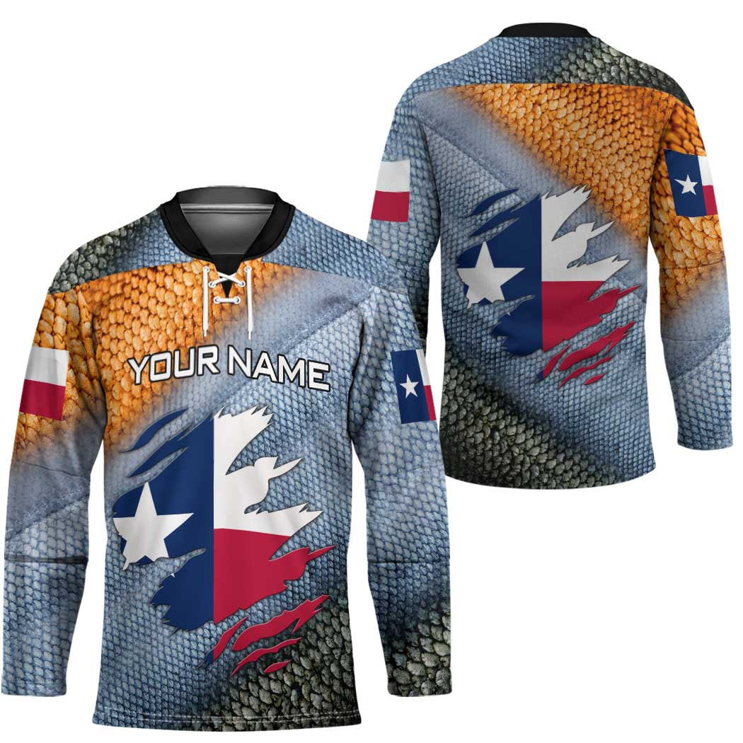 Custom Texas Flag Hockey Jersey with Ripped Effect and Fish Scale Pattern - Wonder Print Shop