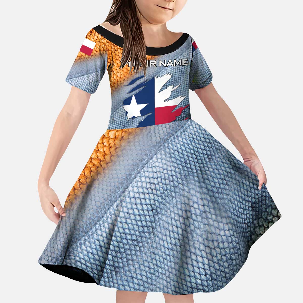 Custom Texas Flag Kid Short Sleeve Dress with Ripped Effect and Fish Scale Pattern - Wonder Print Shop