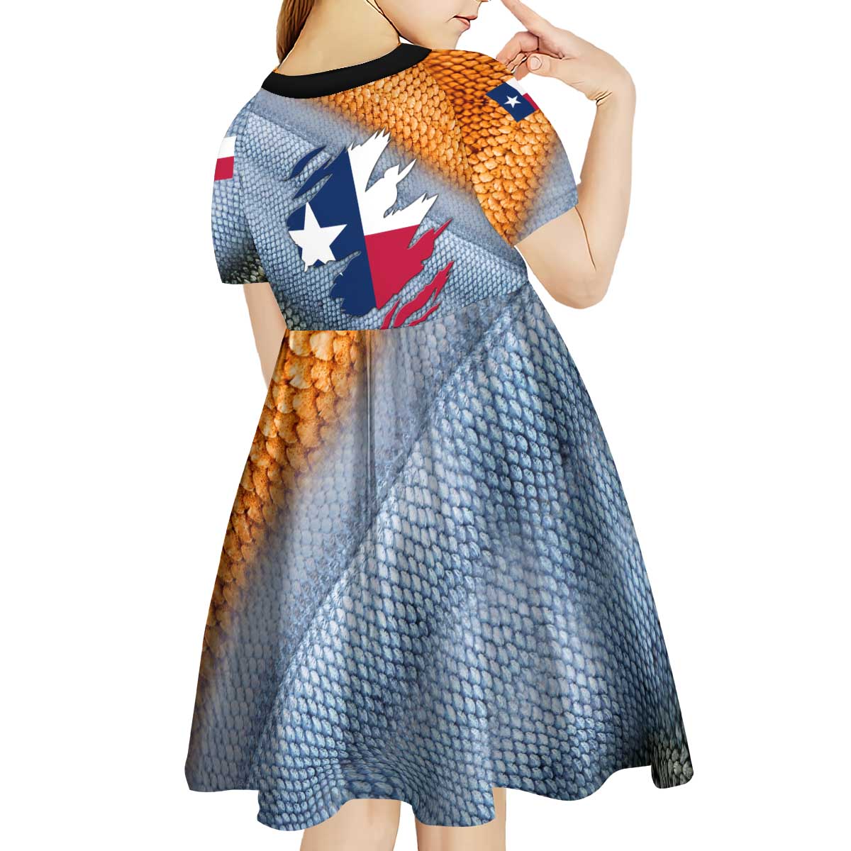 Custom Texas Flag Kid Short Sleeve Dress with Ripped Effect and Fish Scale Pattern - Wonder Print Shop