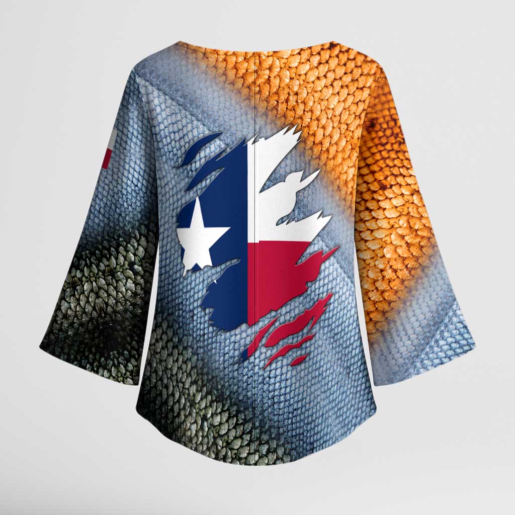 Custom Texas Flag Kimono Sleeve Blouse with Ripped Effect and Fish Scale Pattern - Wonder Print Shop