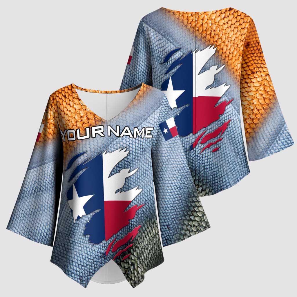 Custom Texas Flag Kimono Sleeve Blouse with Ripped Effect and Fish Scale Pattern - Wonder Print Shop