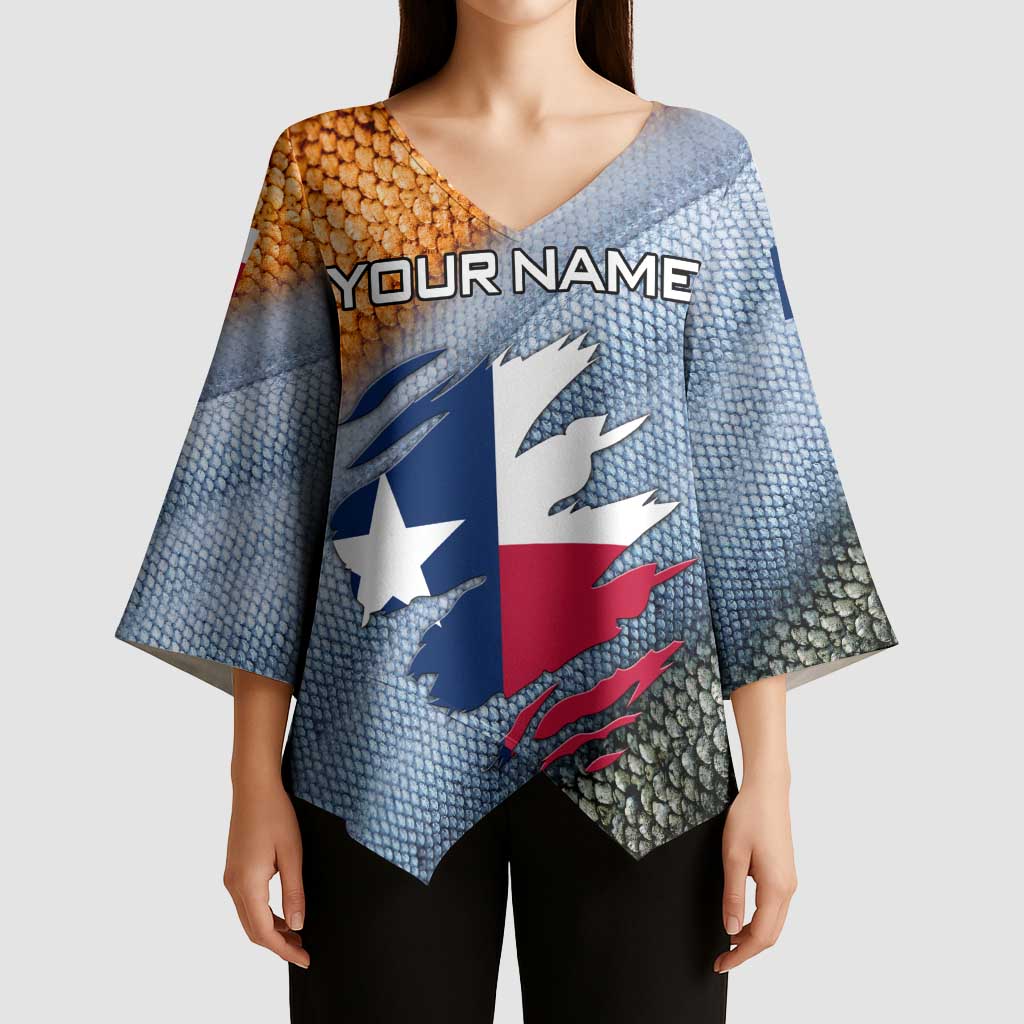 Custom Texas Flag Kimono Sleeve Blouse with Ripped Effect and Fish Scale Pattern - Wonder Print Shop