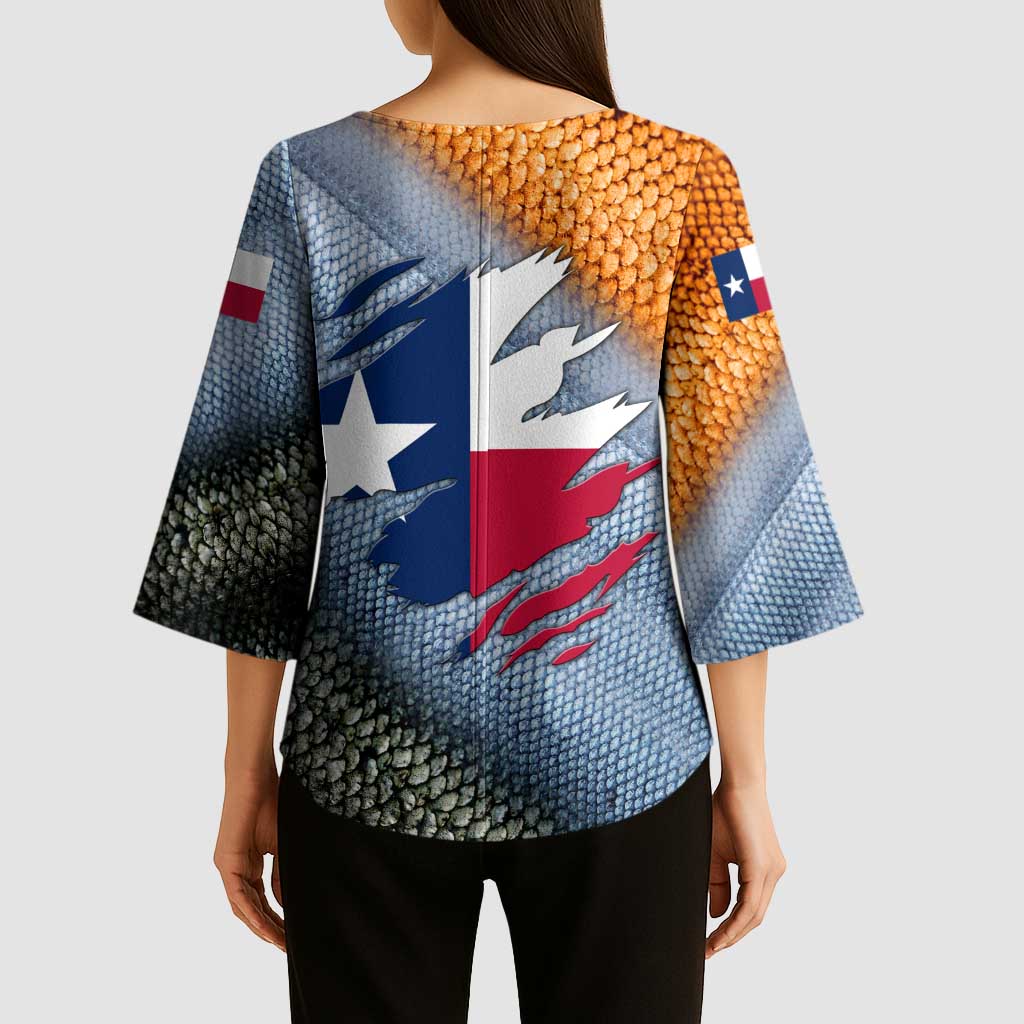 Custom Texas Flag Kimono Sleeve Blouse with Ripped Effect and Fish Scale Pattern - Wonder Print Shop