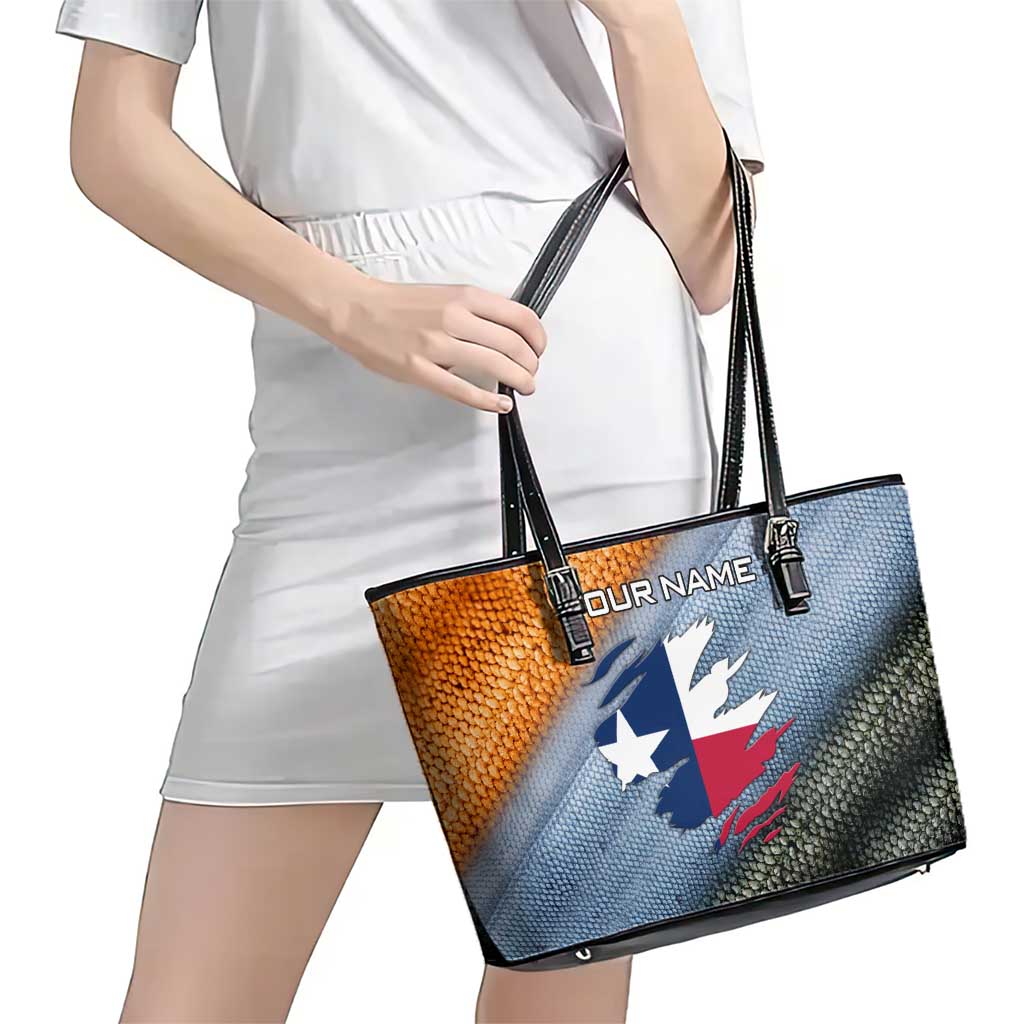 Custom Texas Flag Leather Tote Bag with Ripped Effect and Fish Scale Pattern - Wonder Print Shop