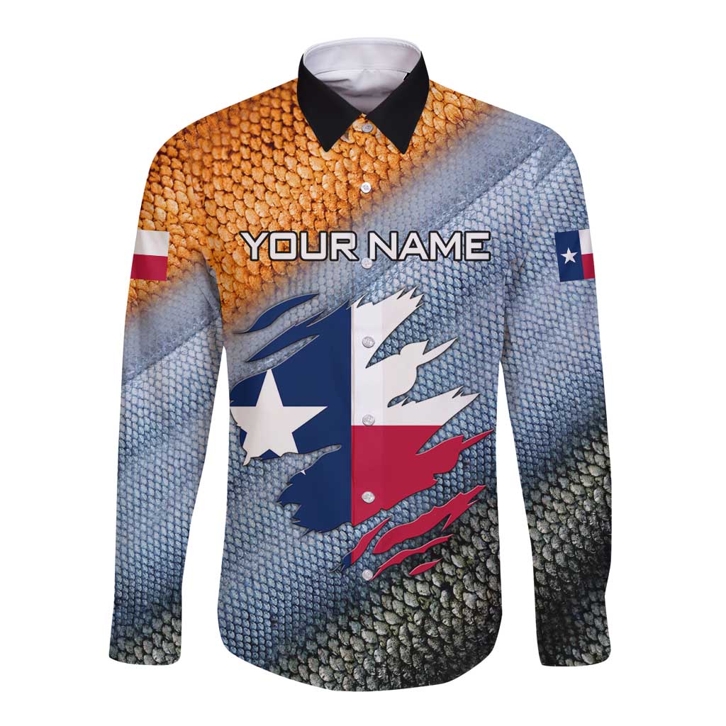 Custom Texas Flag Long Sleeve Button Shirt with Ripped Effect and Fish Scale Pattern - Wonder Print Shop