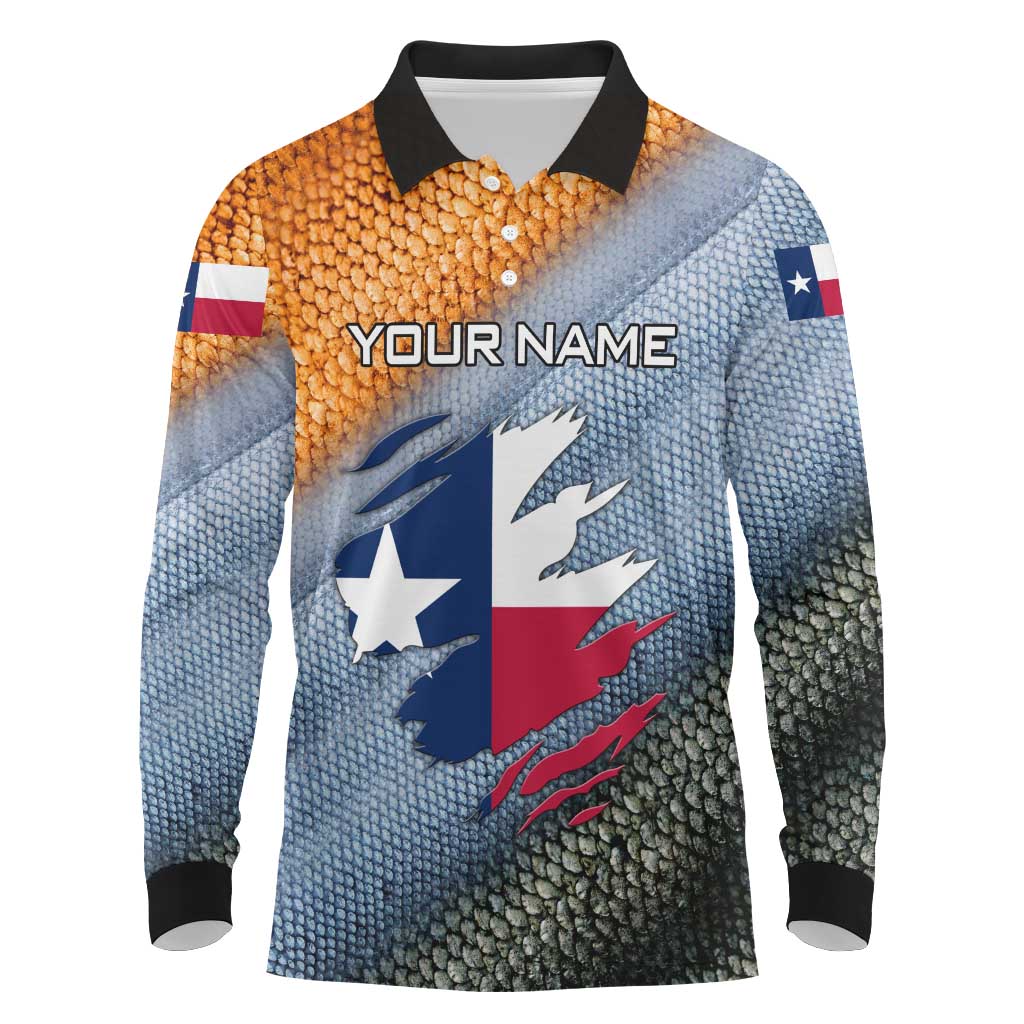 Custom Texas Flag Long Sleeve Polo Shirt with Ripped Effect and Fish Scale Pattern - Wonder Print Shop