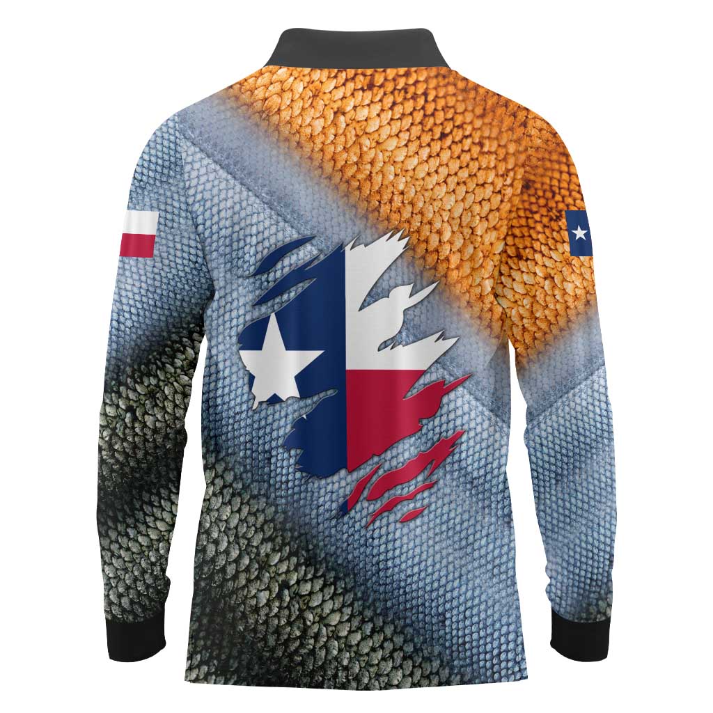 Custom Texas Flag Long Sleeve Polo Shirt with Ripped Effect and Fish Scale Pattern - Wonder Print Shop