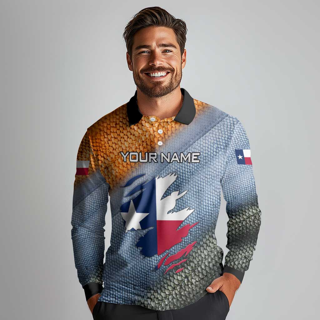 Custom Texas Flag Long Sleeve Polo Shirt with Ripped Effect and Fish Scale Pattern - Wonder Print Shop