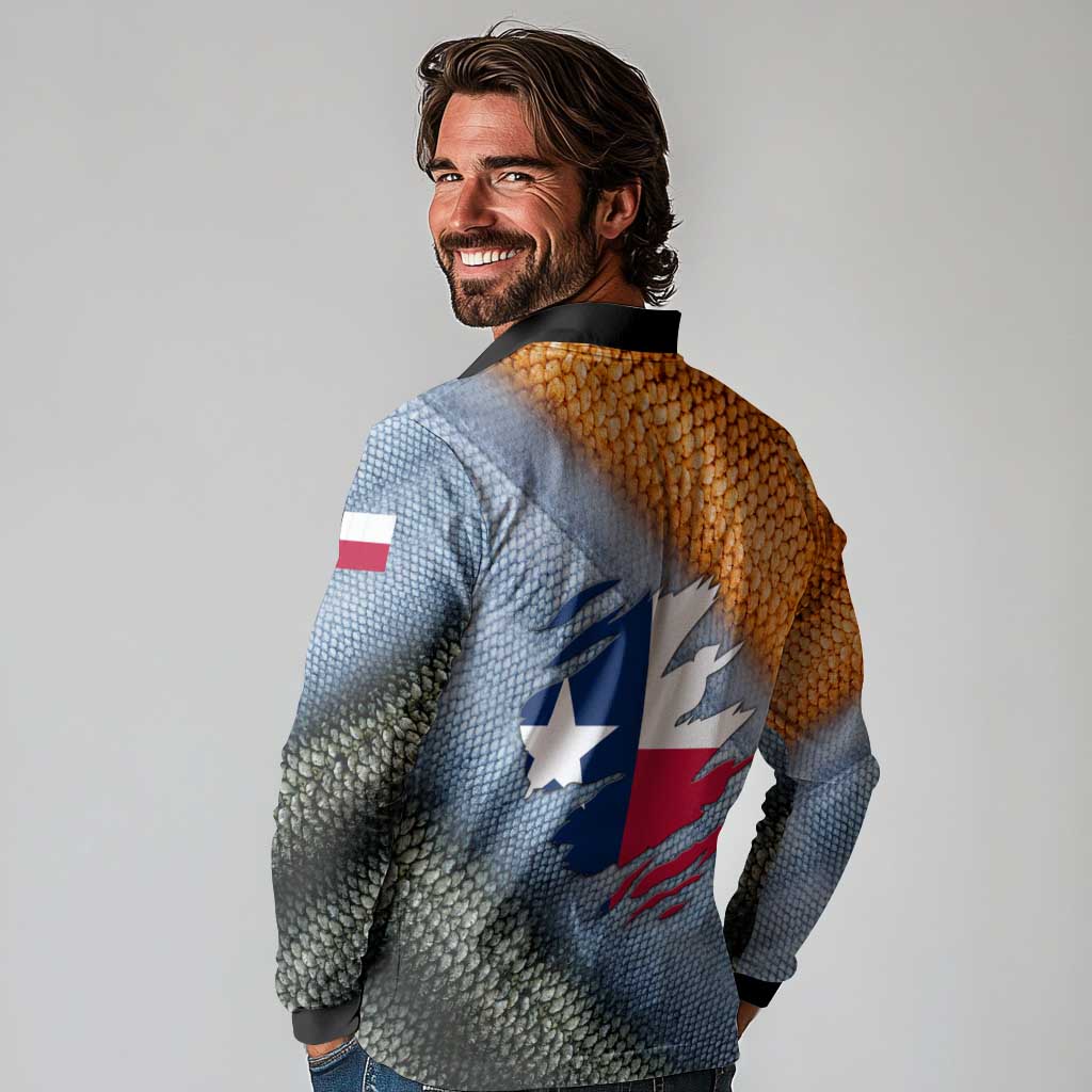 Custom Texas Flag Long Sleeve Polo Shirt with Ripped Effect and Fish Scale Pattern - Wonder Print Shop
