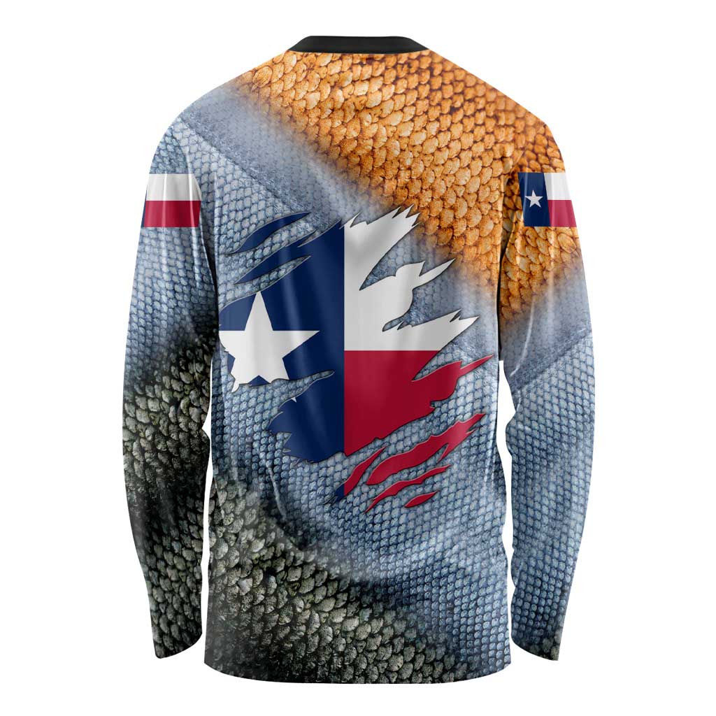 Custom Texas Flag Long Sleeve Shirt with Ripped Effect and Fish Scale Pattern - Wonder Print Shop