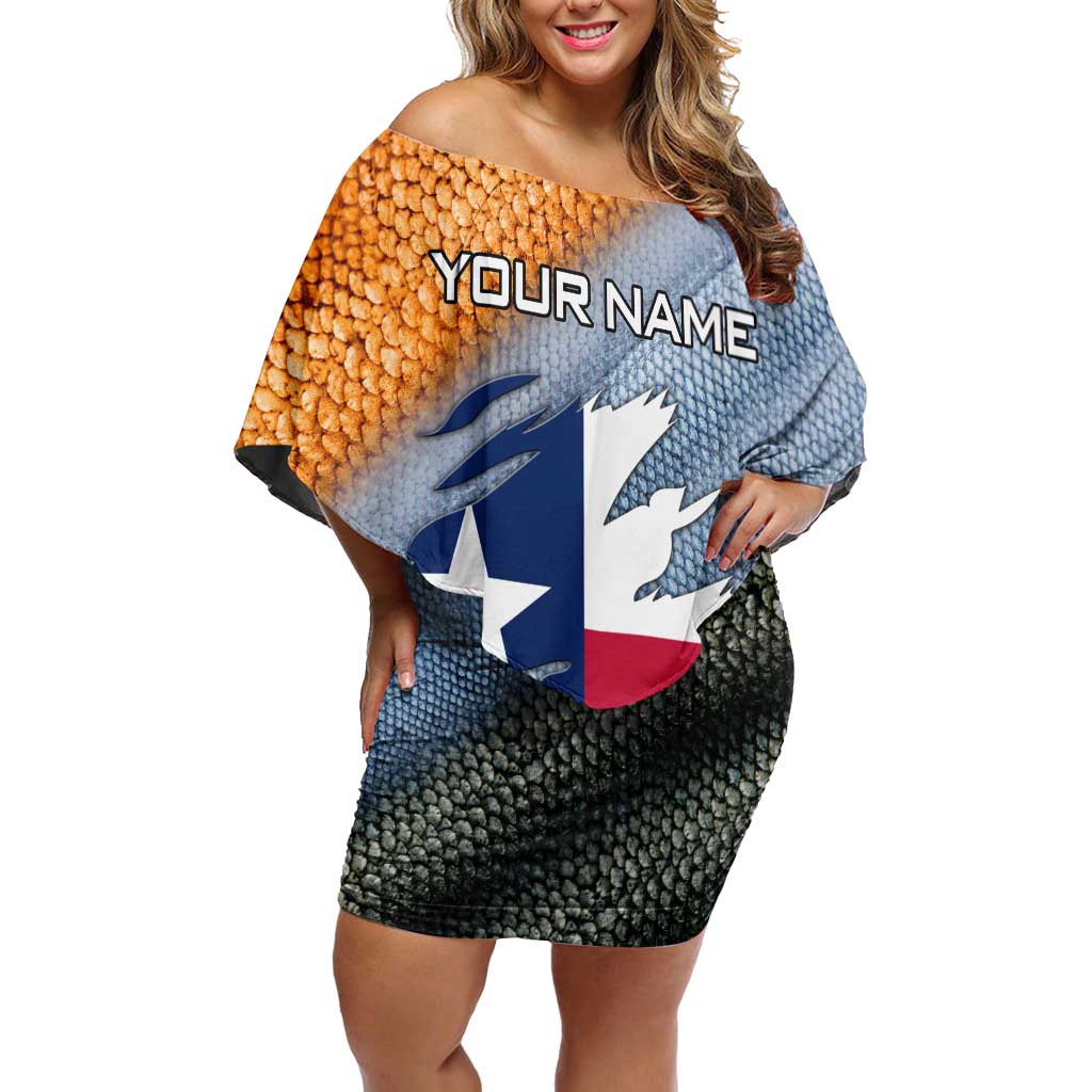 Custom Texas Flag Off Shoulder Short Dress with Ripped Effect and Fish Scale Pattern - Wonder Print Shop