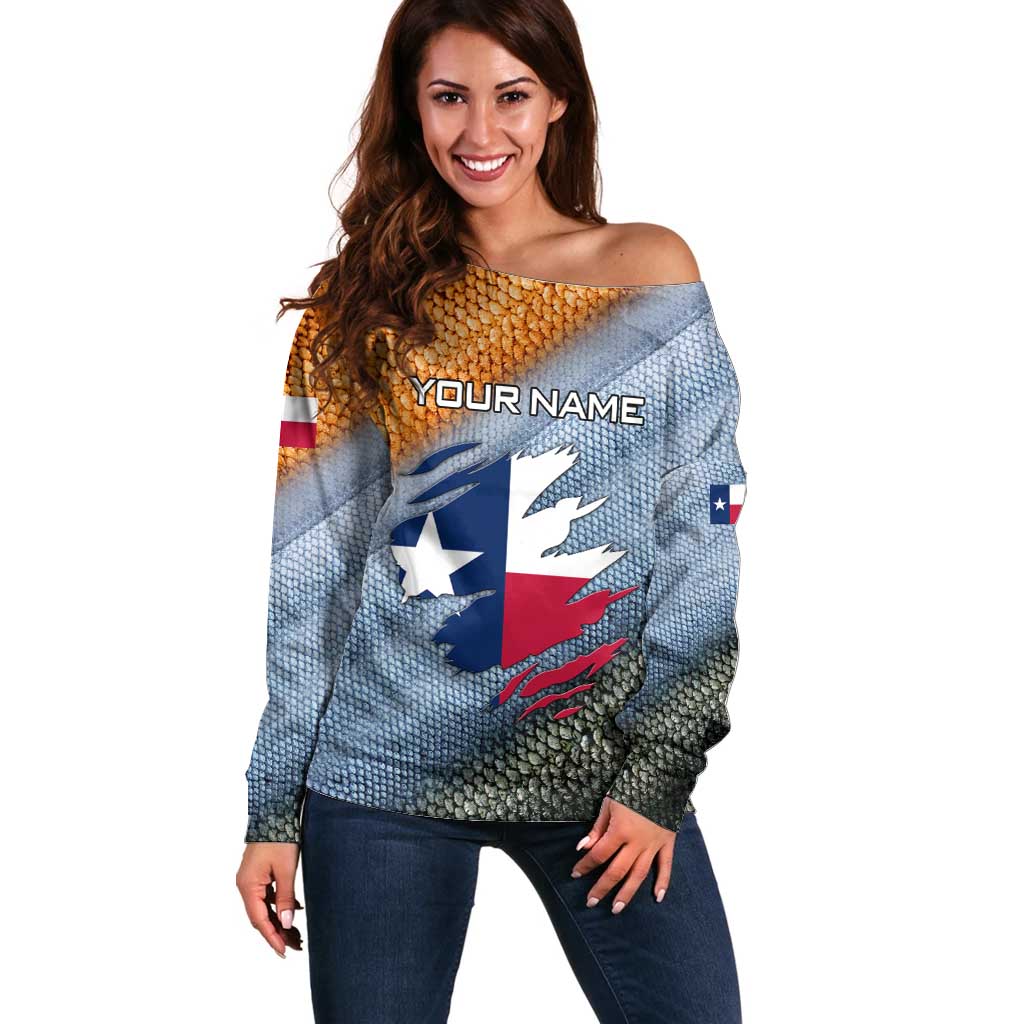 Custom Texas Flag Off Shoulder Sweater with Ripped Effect and Fish Scale Pattern - Wonder Print Shop